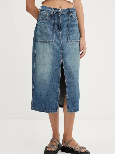 Tommy Jeans fustă jeans midi drept albastru
