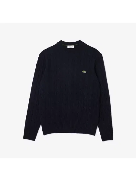 Lacoste Wełniany Sweter Warkoczowy Z Okrągłym Dekoltem granatowy