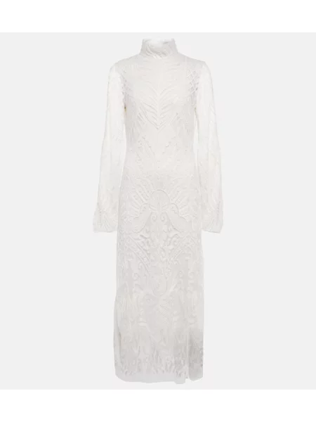 Midi obleka Galvan s čipko z odprtim hrbtom bela