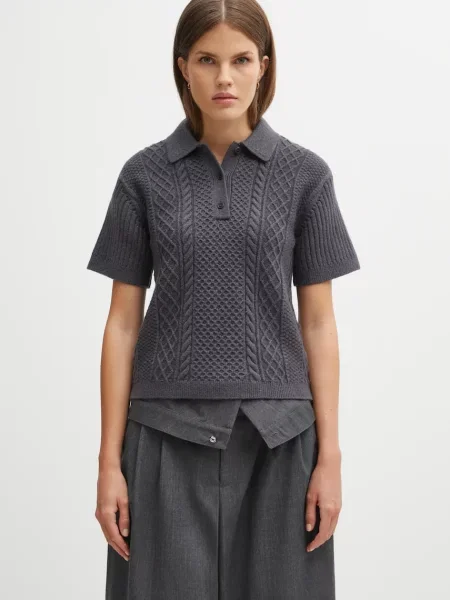 JW Anderson pulover din amestec de lână Cropped Cable Knit Polo călduros gri