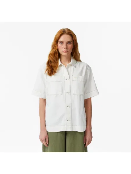 Lacoste Koszula Button-Down Z Krótkim Rękawem Regular Fit Kremowa Kremowy