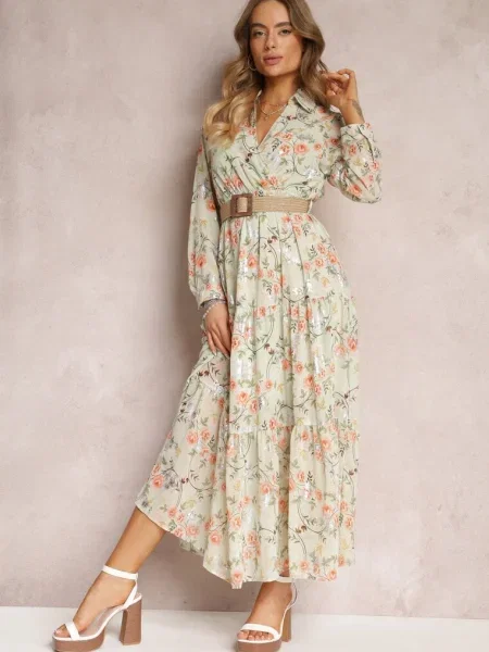 Rochie maxi mentă cu împletită și în talie cu flori Elanisa verde