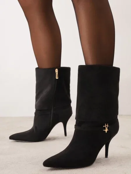 Botine cu stiletto cu carâmb răsfrânt și aplicație elegantă pe curea Metellus negre