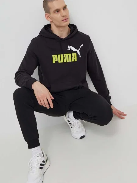 Суичър с качулка Puma с качулка с принт черно