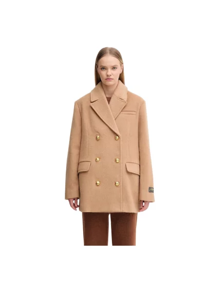 GANNI płaszcz z dodatkiem wełny Double Faced Wool Doublebreatsed Blazer brązowy