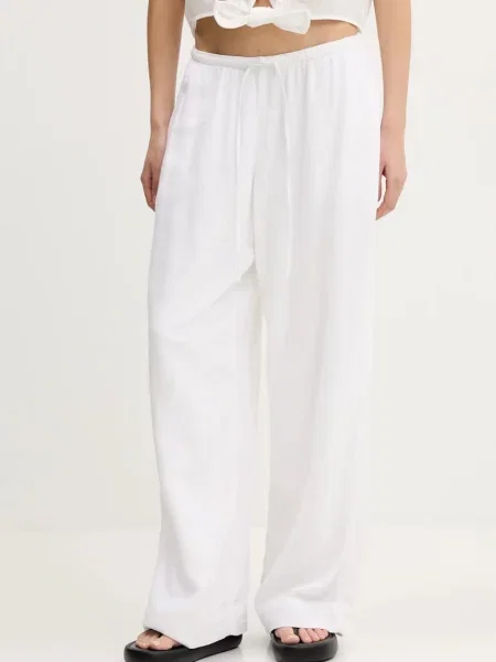 Ленен панталон Abercrombie & Fitch с широка каройка с висока талия бяло