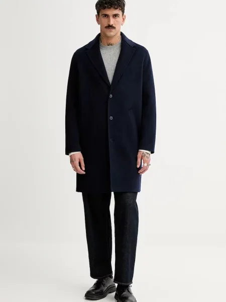 Вълнено палто FROM FUTURE преходен модел с уголемена кройка тъмносиньо