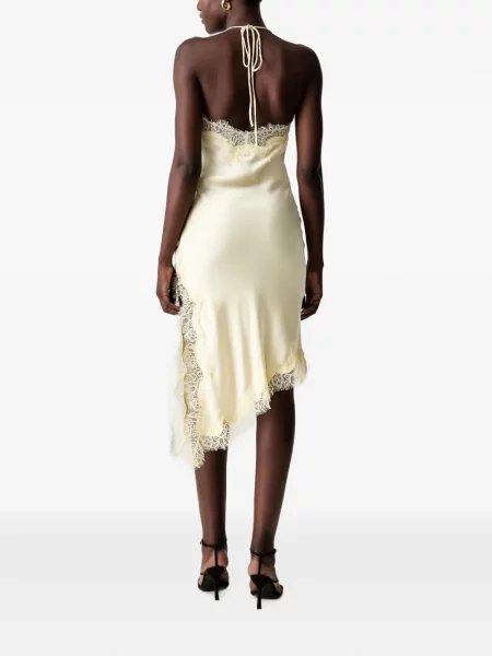 Rochie mini Bardot asimetrică din dantelă galben