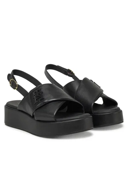 Кожени сандали Tommy Hilfiger TH LOGO HW PADDED LEATHER SANDAL с платформа черно