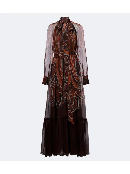Rochie maxi Etro de mătase cu model paisley cu legături maro