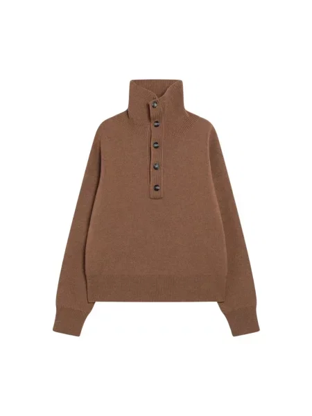 Sweter Ami Paris wełniany z kołnierzem na guziki brązowy