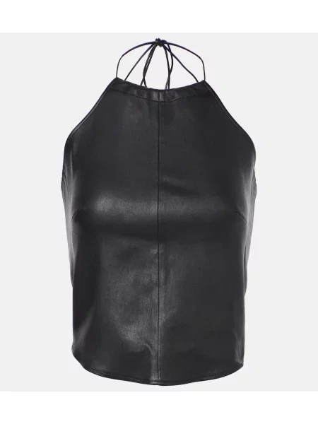 Top Stouls din piele cu gât halter negru