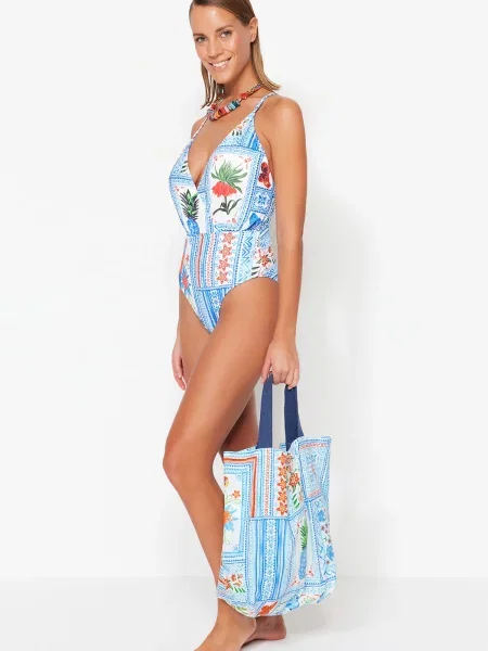Strój kąpielowy Trendyol w tropikalny nadruk dwurzędowy niebieski