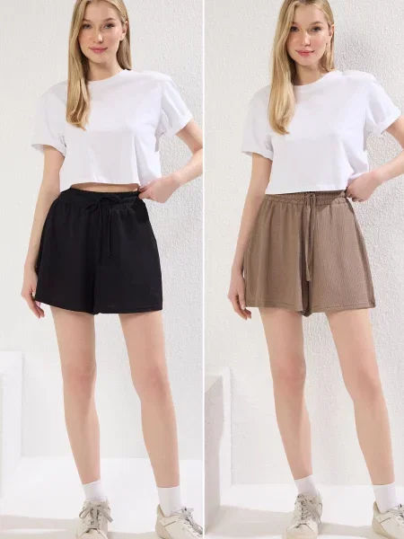 Trendyol Black-Mink Crepe Relaxed/Comfortable Fit Short Flexible Knitted Shorts & Bermuda negru