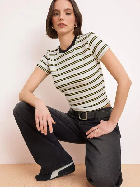 Trendyol Tricou galben deschis / gri amestecat / negru alb