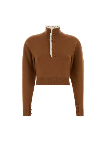 Sweter z golfem Chloe wełniany z falbankami brązowy