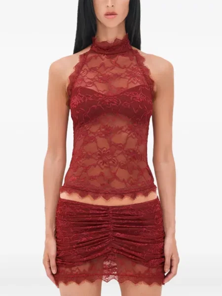 Топ Ow Collection на цветя с дантела червено