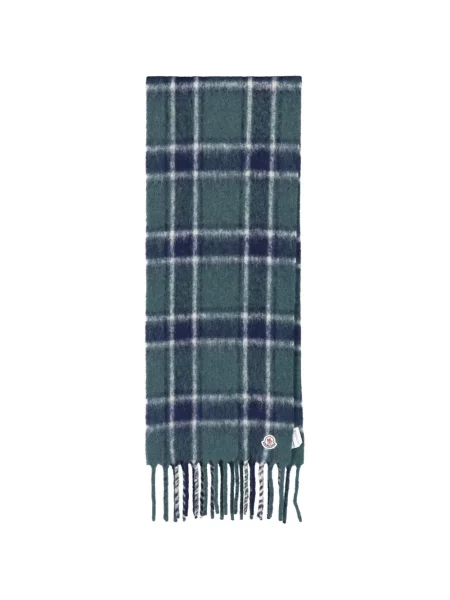 Fular Moncler cu franjuri în carouri verde