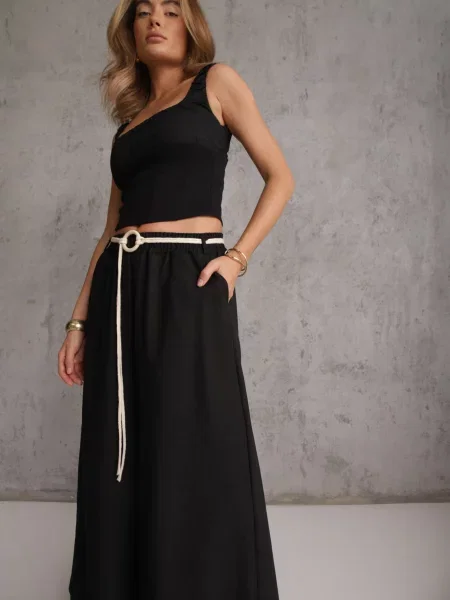 Spodnie Typu Palazzo High Waist Ozdobione Paskiem Sznurkiem Alemea czarne