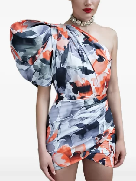 Sukienka mini Museum Of Fine Clothing w kwiatki na jednym ramieniu garniturowa szara