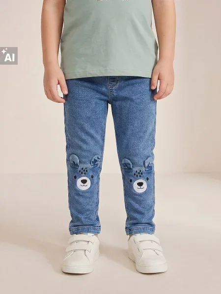 Sinsay Jeggings s efektem oprání a výšivkou medvídka modrá