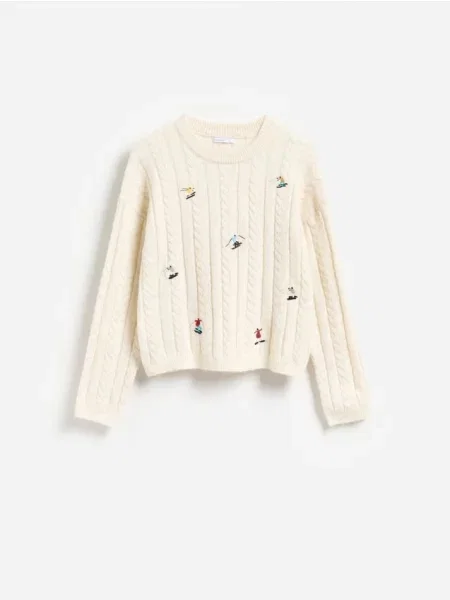 Reserved Sweter z haftem kremowy