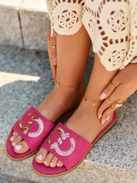 Papuci de casă Kesi cu paiete fără toc fucsie