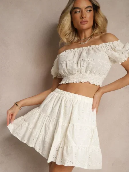 Jasnobeżowy Komplet Ażurowy Krótki Top Spódnica z Gumką w Pasie Igue beżowa