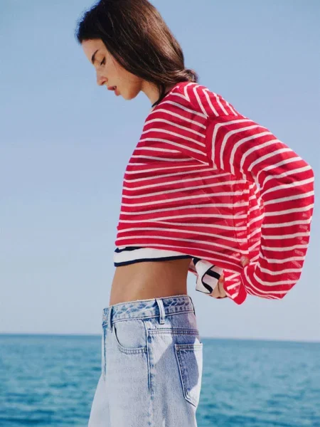 Sweter z cienkiej dzianiny w paski Teen XXS MANGO TEEN czerwony