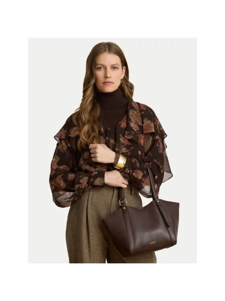 Torba z rączkami z naturalnej skóry z cielęcej skóry model TASHA' Lauren Ralph Lauren brązowa