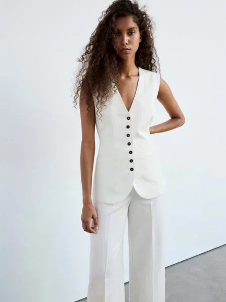 Lniany kombinezon z złamana biel Kobieta S MANGO
