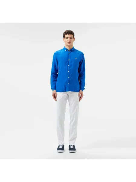 Lacoste Lniana Koszula Button-Down Regular Fit niebieska