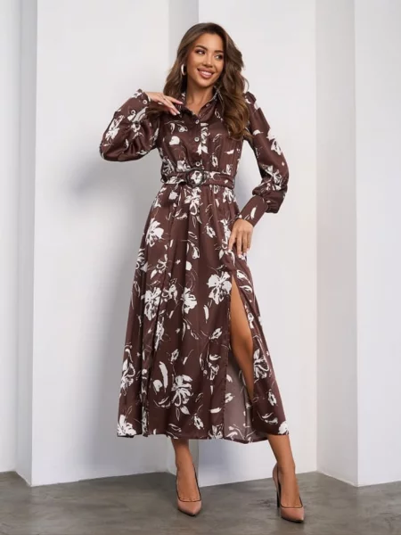 Сукня міді ISSA Plus шовк коричневий