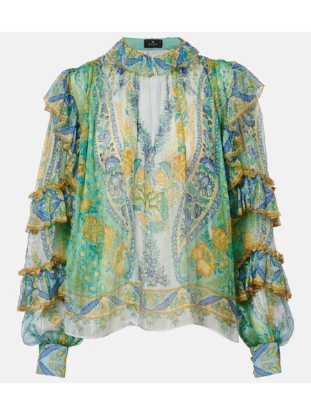 Bluză Etro de mătase cu model floral cu volane verde