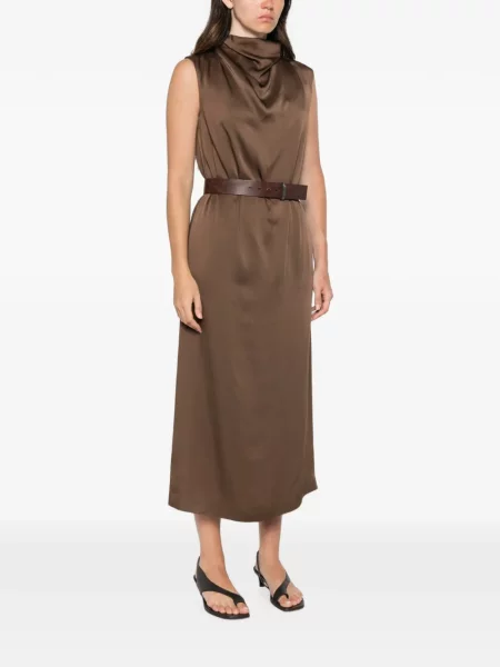 Cu centură rochie midi Brunello Cucinelli fără mâneci maro