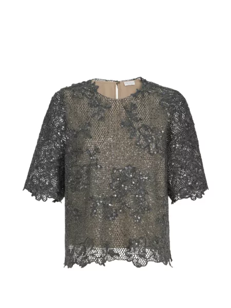 Tricou Brunello Cucinelli cu broderie de lână gri