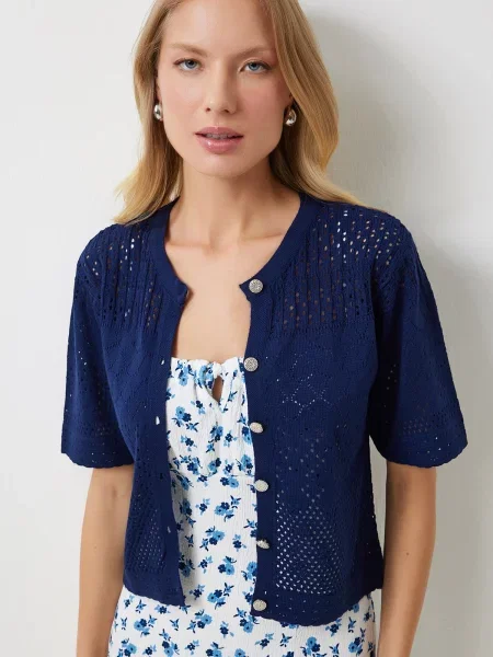Happiness İstanbul Navy Blue Openwork Seasonal Knitwear Cardigan albastru
