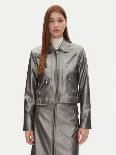 DKNY Bunda z imitácie kože strieborná
