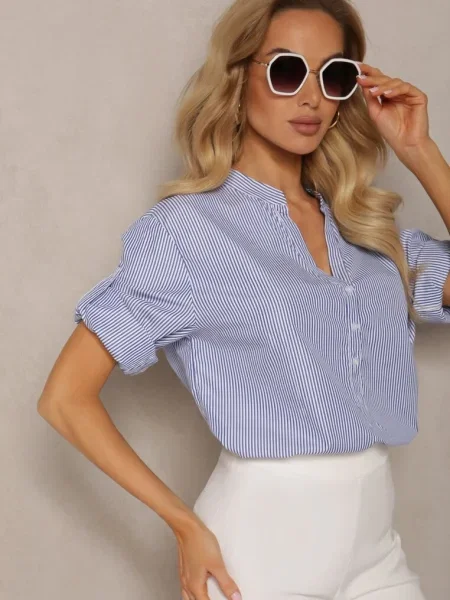 Cămașă Albastru-Închis și din cu Croială Largă în Dungi cu Konolla alb