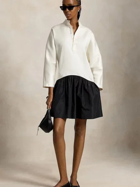 Polo Ralph Lauren rochie evazată cu amestec de mătase bej