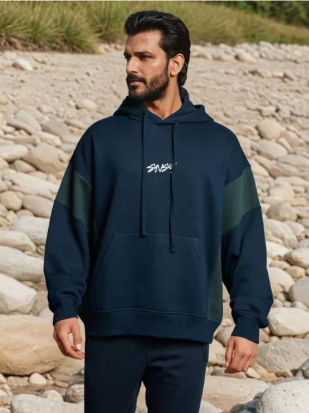 Sinsay Bluza hoodie color-block granatowy