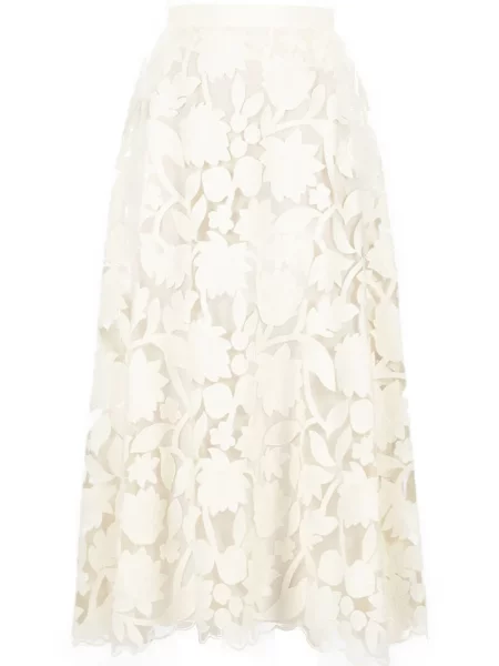 Fustă midi Elie Saab cu broderie din tul până la genunchi alb
