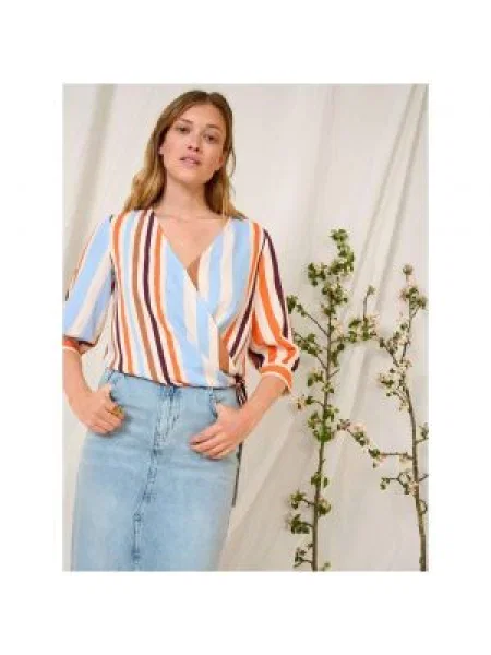 Bluzka Orsay w paski z rękawami 3/4 kopertowa biała