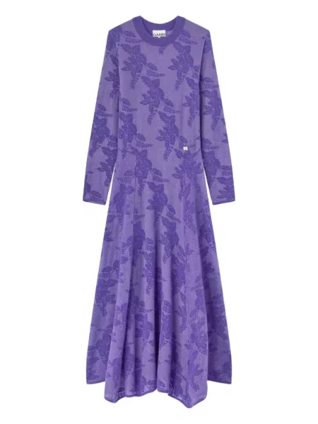 Rochie midi Ganni cu model floral până la genunchi de costum violet