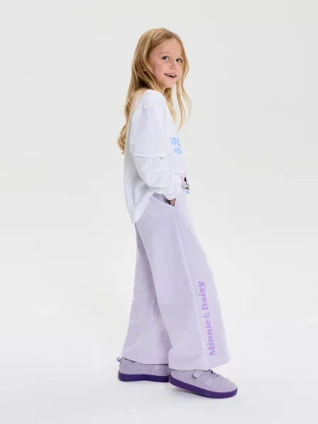 Sinsay kalhoty wide leg s a potiskem Minnie and Daisy fialová
