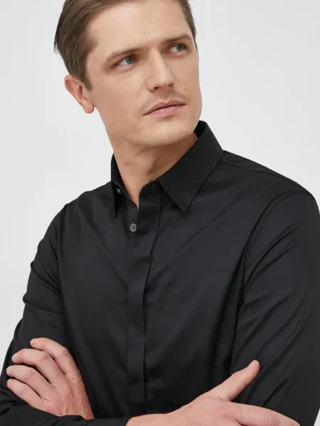 Риза Armani Exchange мъжка черно с кройка по тялото с класическа яка