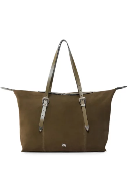 Geantă shopper Pinko din piele de căprioară cu cataramă verde