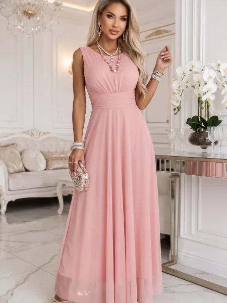 Rochie maxi Numoco Basic din tul cu decolteu rotund alb