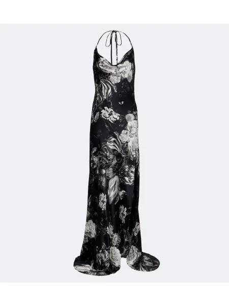 Rochie maxi Roberto Cavalli de mătase cu model floral cu gât halter negru