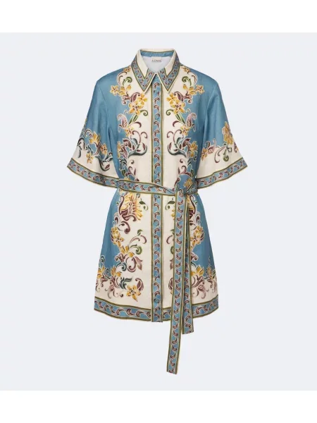 Rochie tip cămașă Alemais de in cu imagine albastru
